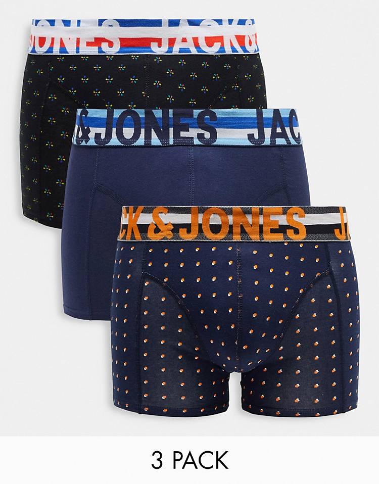 Jack & Jones 3-pack trunks in dot & geo design in navy & black